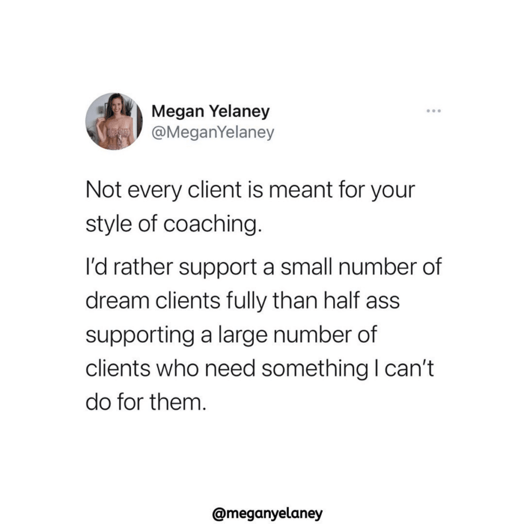 Twitter Quote: Not every client is meant for your style of coaching. I'd rather support a small number of dream clients fully than half ass supporting a large number of clients who need something I can't do for them